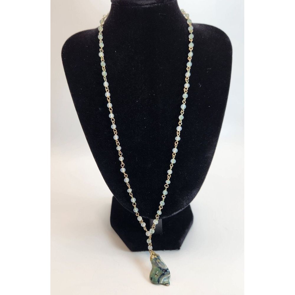 Beaded Glass and Sterling 925 Chain w/Ocean Jasper Pendant Spring Clasp 11" Drop